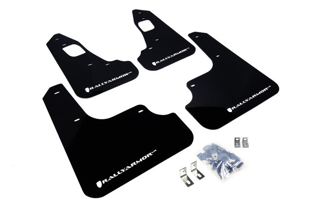 Rally Armor 08-17 Mitsubishi EVO X Black UR Mud Flap w/ White Logo - MF10-UR-BLK/WH for 2008-2017 Mitsubishi Lancer - front v
