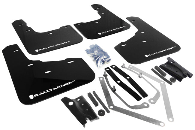 Rally Armor 13-19 USDM Ford Fiesta ST Black UR Mud Flap w/ White Logo - MF29-UR-BLK/WH for 2014-2019 Ford Fiesta ST - front v