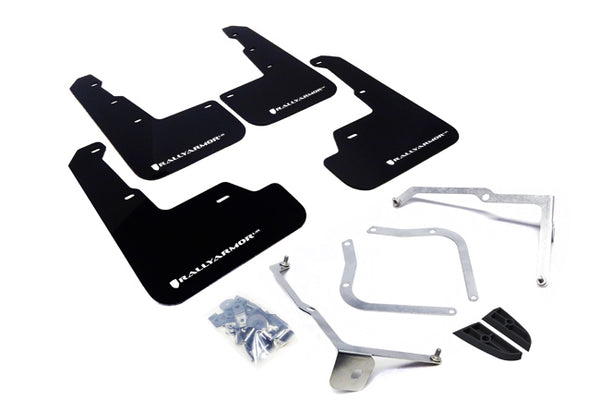 Rally Armor 15-21 Subaru WRX/STI (Sedan ONLY) Black UR Mud Flap w/ White Logo - MF32-UR-BLK/WH for 2015-2021 Subaru WRX - fro