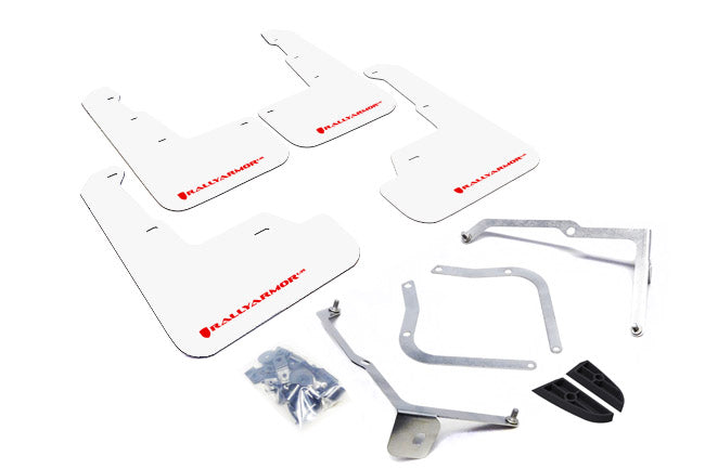 Rally Armor 15-21 Subaru WRX/STI (Sedan ONLY) White UR Mud Flap w/ Red Logo - MF32-UR-WH/RD for 2015-2021 Subaru WRX - front 