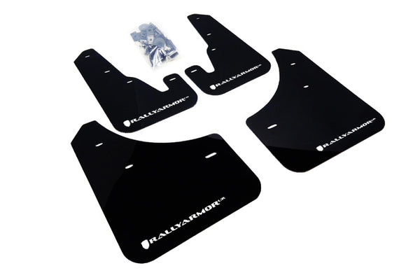 Rally Armor 04-09 Mazda3/Speed3 Black UR Mud Flap w/ White Logo - MF9-UR-BLK/WH for 2004-2009 Mazda 3 - front view