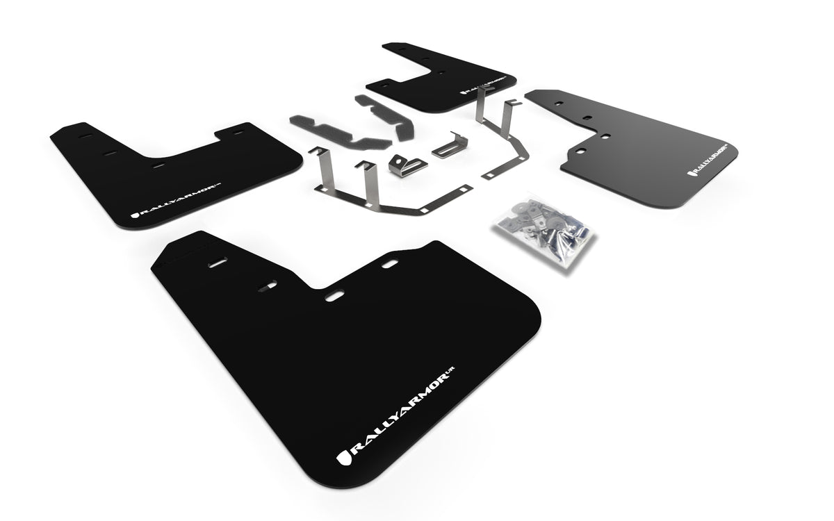 Rally Armor 18-23 Ford Fiesta ST MK8 Black UR Mud Flap w/White Logo - MF60-UR-BLK/WH for 2022-2024 Volkswagen Golf R - front 
