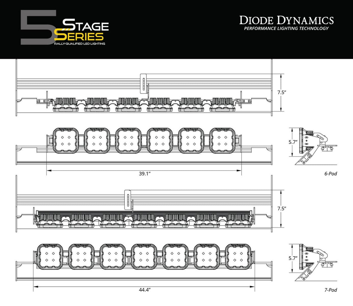 Diode Dynamics Prinsu/Sherpa Roof Racks- SS5 7-Pod CrossLink Mounting Kit - Sport Yellow Driving - DD7827