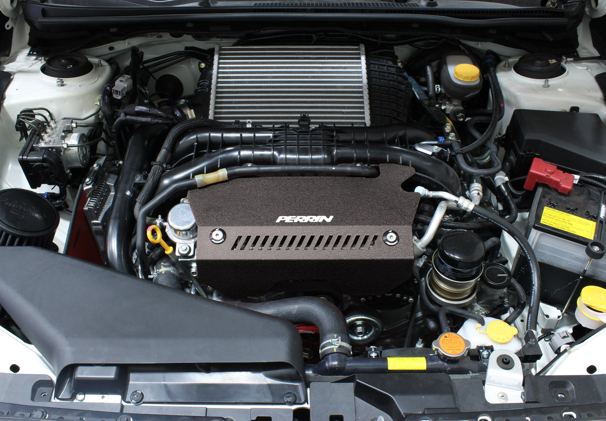 PERRIN Black Pulley Cover installed on a 2015-2021 Subaru WRX