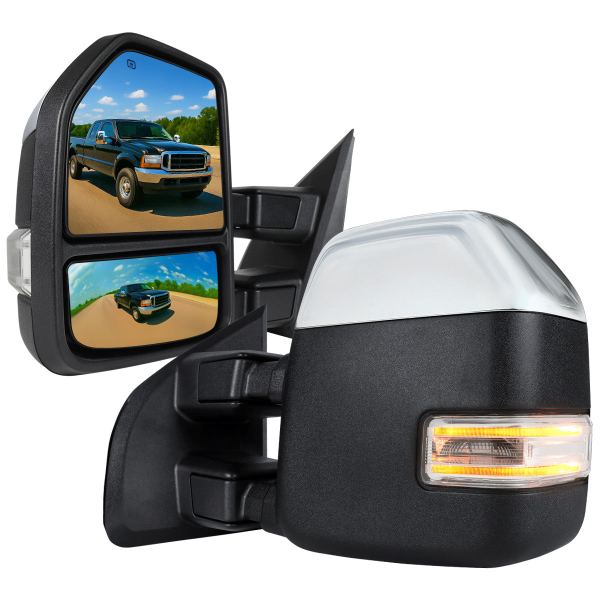 Spec-D Tuning - 1999-2016 Ford F-250/F-350/F-450 Power Adjustable, Heated, & Manual Extendable Chrome Towing Mirrors w/ Clear Lens LED Turn Signal & Clearance Lights - RMX-F25099F2H-P-FS