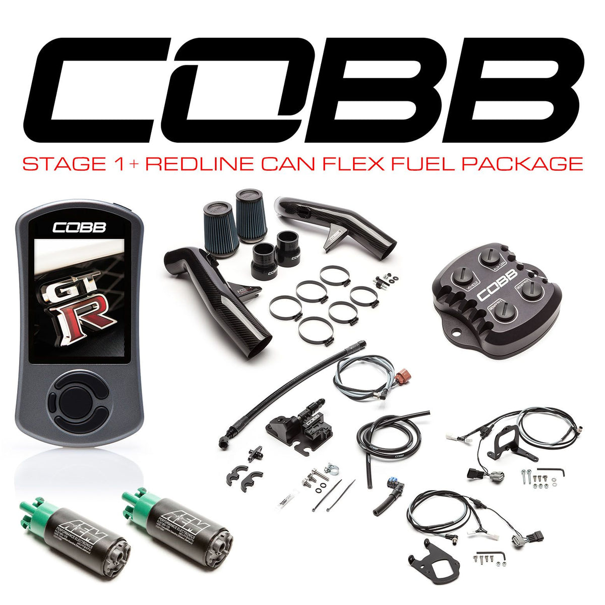 Cobb 15-18 Nissan GT-R Stage 1+ Redline CF CAN Flex Fuel Power Package w/TCM Flashing (Left Hand Drive) - NIS008011PCFFF-LHD