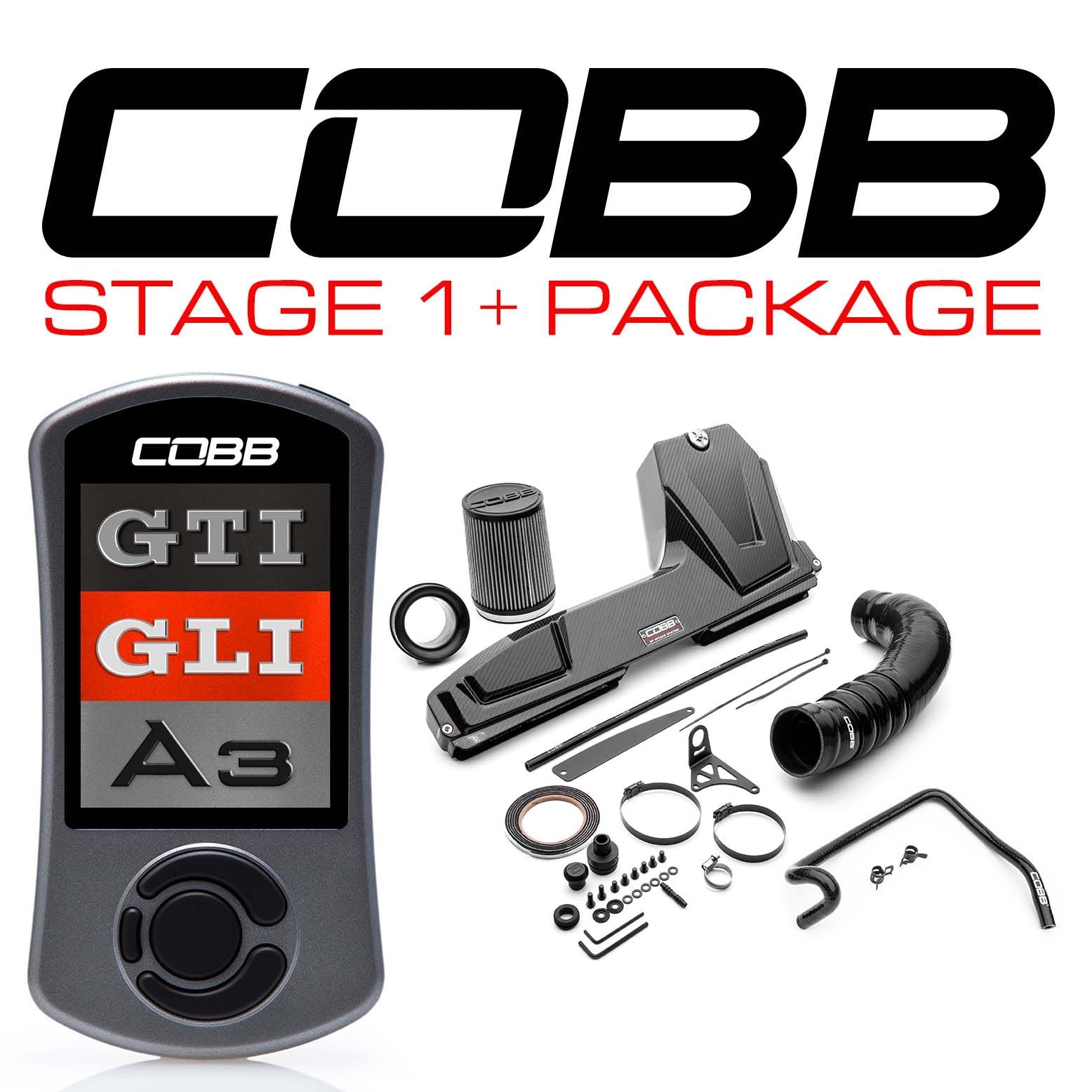 Cobb Stage 1 + Redline Carbon Fiber Power Package with DSG / S Tronic Flashing for Volkswagen (Mk7/Mk7.5) GTI, Jetta (A7) GLI, Audi A3 (8V) - VLK002011P-DSG-RED