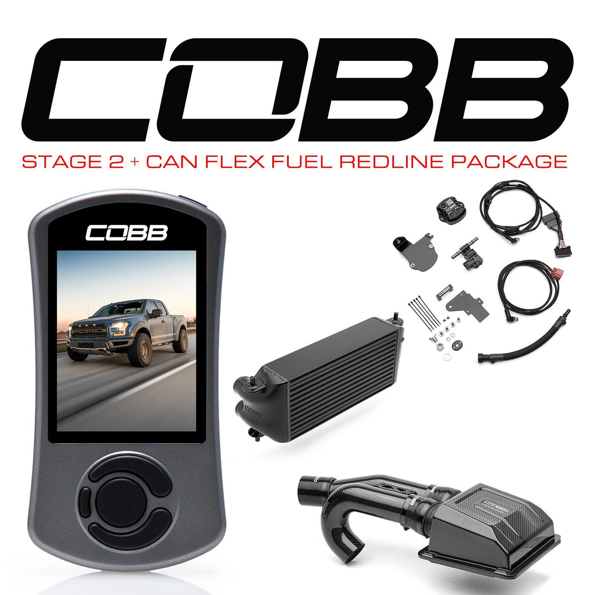 Cobb 17-20 Ford F-150 Ecoboost Raptor Stg2+ w/TCM CAN Flex Fuel Redline CF Pwr Pkg (OE Loc I/C) - BK - FOR0050S20BK-TCM-RED-FF