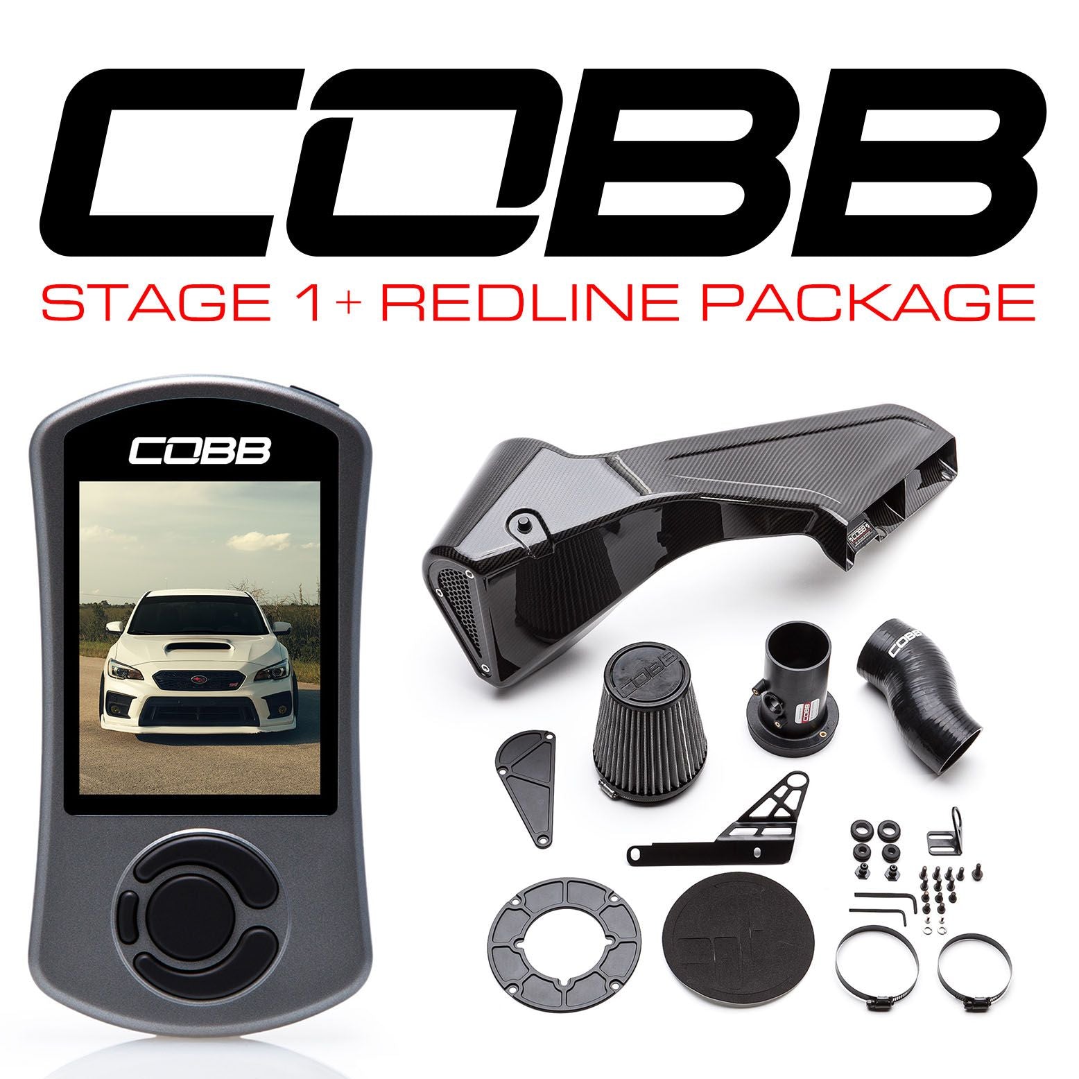 Cobb 15-21 Subaru STI (including Type RA 2018) Stage 1 + Redline Carbon Fiber Power Package - SUB0040S1P-RED