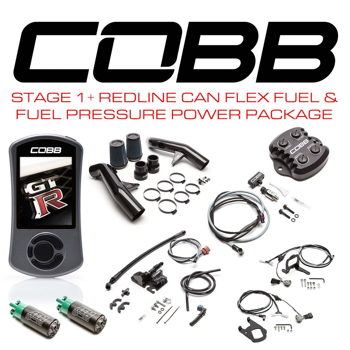Cobb 15-18 Nissan GT-R Stage 1+ Redline Carbon Fiber CAN Flex Fuel & Fuel Pressure Power Pkg w/TCM Flashing (Right Hand Drive) - NIS008011PCFFFP-RHD