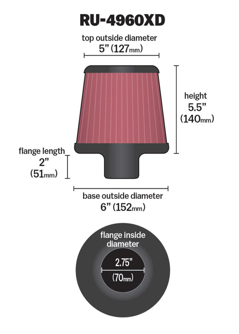 K&amp;N Filter Universal Clamp-On Filter-Round Tapered 2.75in Flange ID x 6in Base OD x 5in Top OD - RU-4960XD