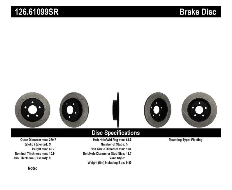 StopTech 13+ Ford Focus ST Slotted Rotor - Rear Right - 126.61099SR