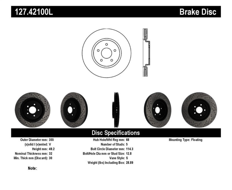 StopTech Infiniti G37 / Nissan 370Z SportStop Slotted &amp; Drilled Front Left Rotor - 127.42100L