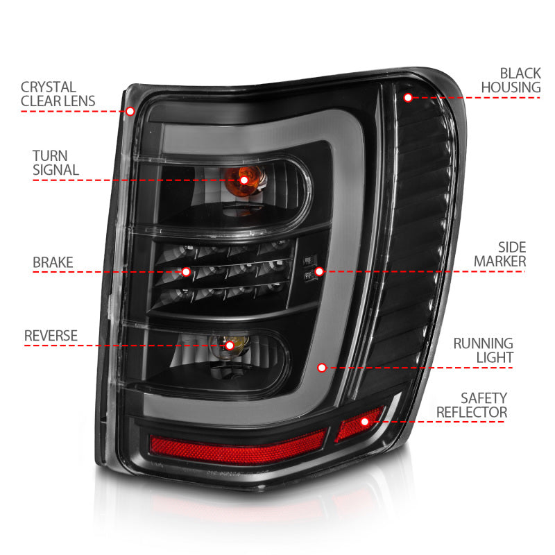 ANZO 1999-2004 Jeep Grand Cherokee LED Tail Lights w/ Light Bar Black Housing Clear Lens - 311394