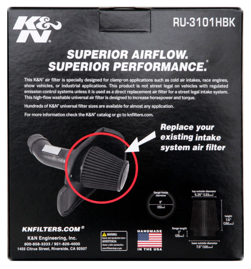 K&amp;N Universal Rubber Filter Round Tapered 6in Flange ID x 7.5in Base OD x 5.25in Top OD x 8in Height - RU-3101HBK