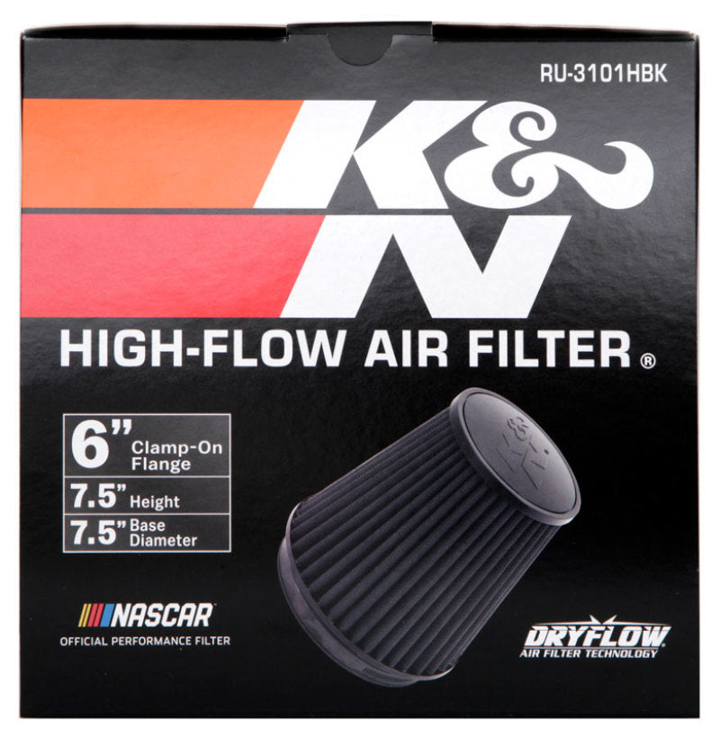 K&amp;N Universal Rubber Filter Round Tapered 6in Flange ID x 7.5in Base OD x 5.25in Top OD x 8in Height - RU-3101HBK