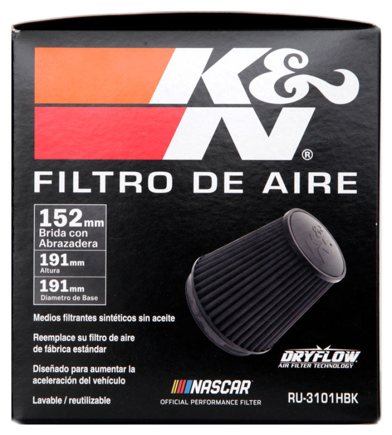 K&amp;N Universal Rubber Filter Round Tapered 6in Flange ID x 7.5in Base OD x 5.25in Top OD x 8in Height - RU-3101HBK