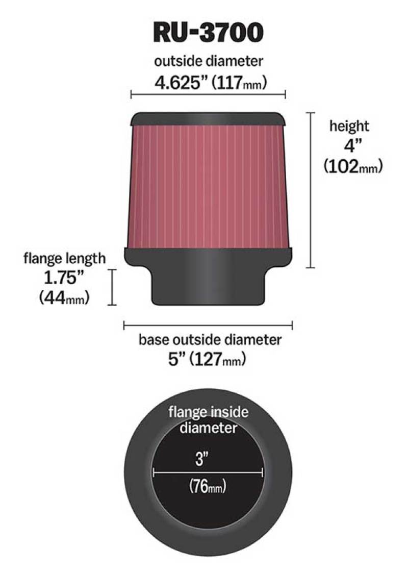 K&N Univeral Rubber Filter Round Tapered 4.625in Top OD x 5in Base OD x 4in H - RU-3700 for 2007-2011 Nissan Sentra - angle v