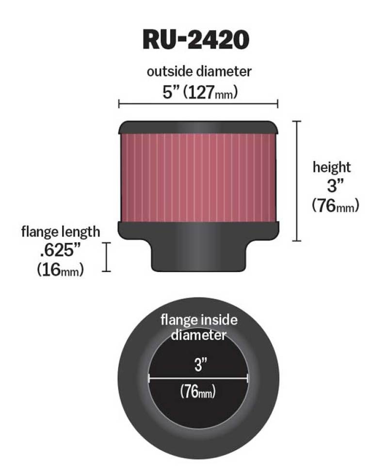 K&N Universal Rubber Filter 3 inch Flange 5 inch OD 3 inch Height - RU-2420 by K&N Engineering - installed view