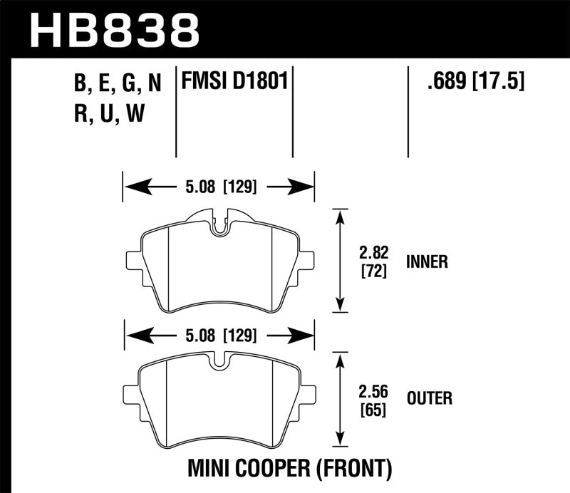 Hawk 14-17 Mini Cooper S HPS 5.0 Front Brake Pads - HB838B.689 for 2014-2019 Mini Cooper - angle view