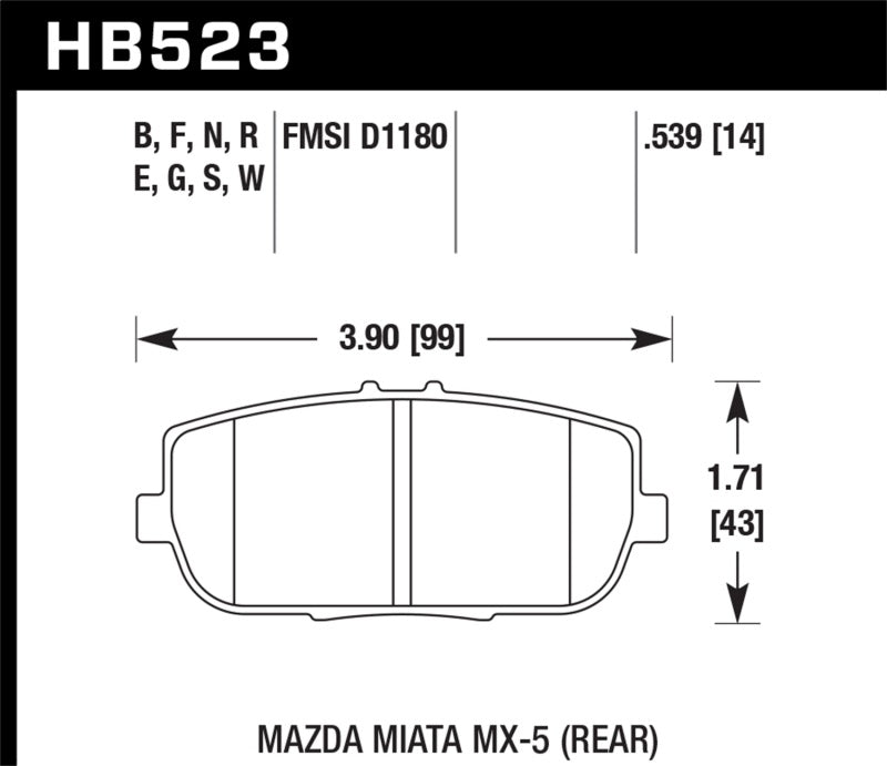 Hawk HP 06-10 Mazda Miata Mx-5 HP+ Street Rear Brake Pads - HB523N.539 for 2006-2025 Mazda MX 5 Miata - detail view