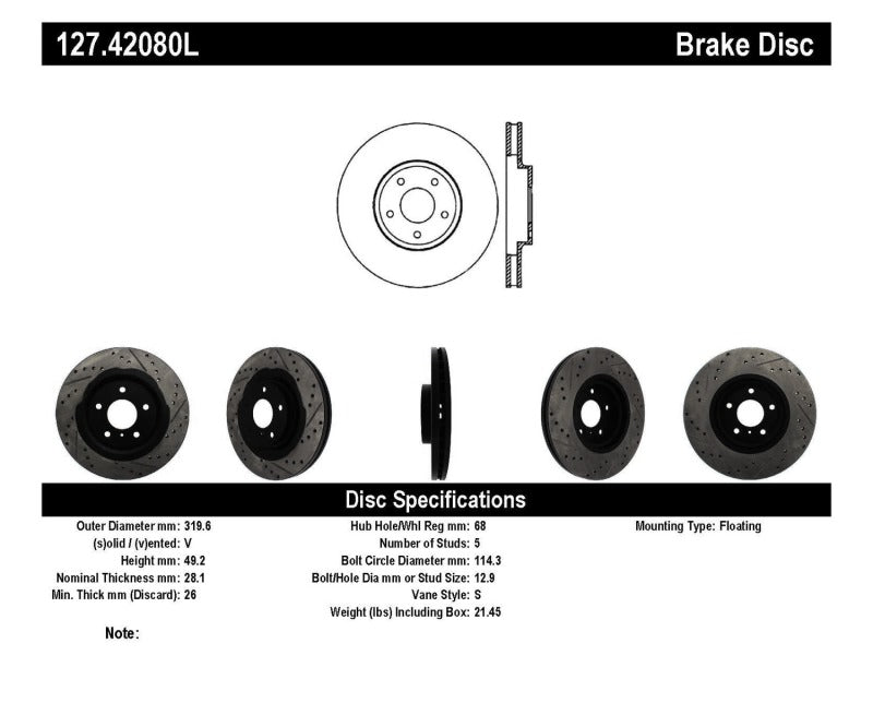 StopTech 06-07 350Z / 05-07 G35 exp Sport/ 06-07 G35X SportStop Slotted &amp; Drilled Front Left Rotor - 127.42080L