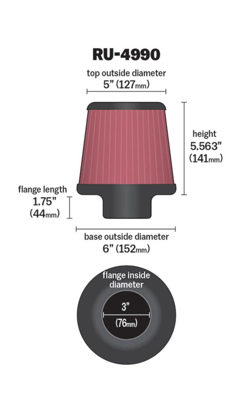 K&amp;N Filter Universal Rubber Filter-Rd Tapered 3in Flange ID x 6in Base OD x 5in Top OD x 5.563in H - RU-4990