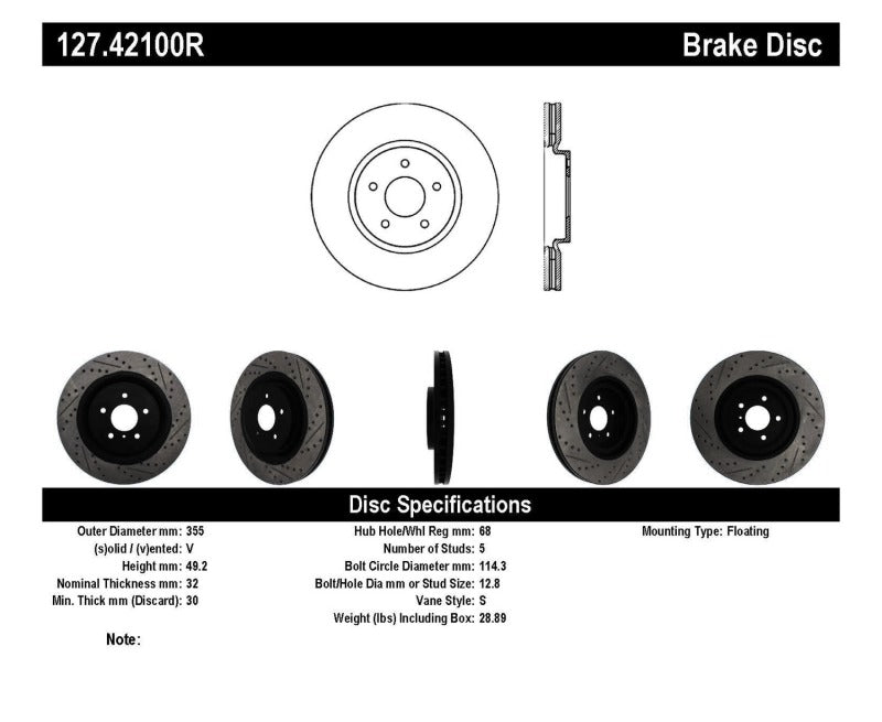 StopTech Infiniti G37 / Nissan 370Z SportStop Slotted &amp; Drilled Front Right Rotor - 127.42100R