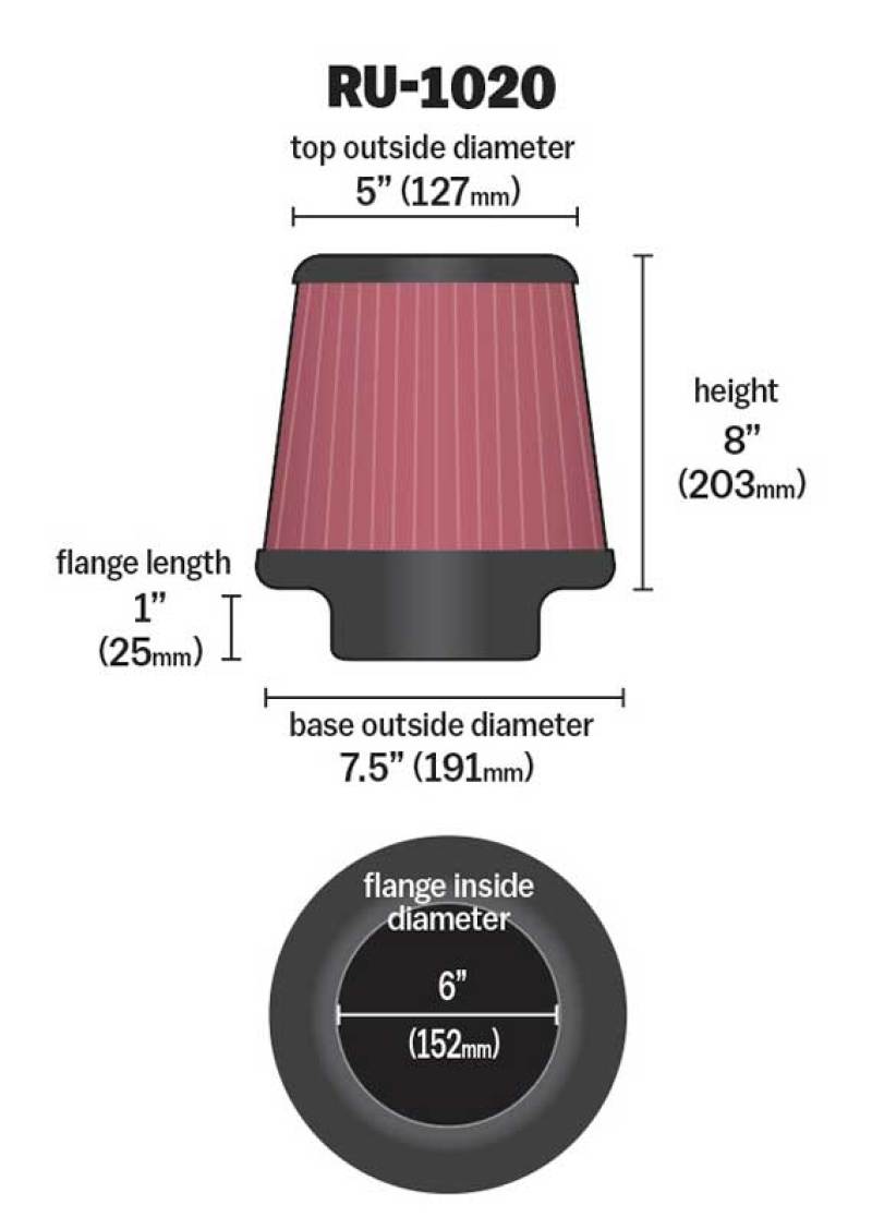 K&amp;N Universal Tapered Filter 6in Flange ID x 7.5in Base OD x 5in Top OD x 8in Height - RU-1020