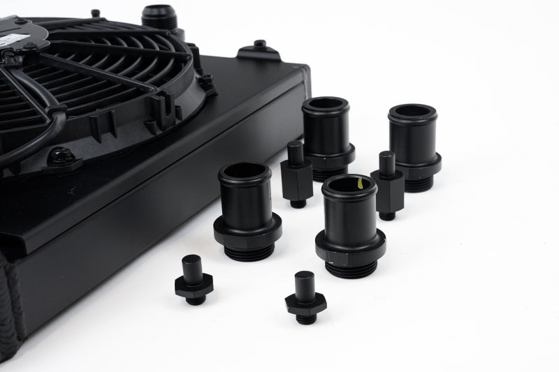 CSF Universal Half Radiator w/-16AN &amp; Slip-On Fittings/12in SPAL Fan &amp; Shroud - Black Finish - 2858XB