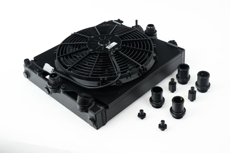 CSF Universal Half Radiator w/-16AN &amp; Slip-On Fittings/12in SPAL Fan &amp; Shroud - Black Finish - 2858XB