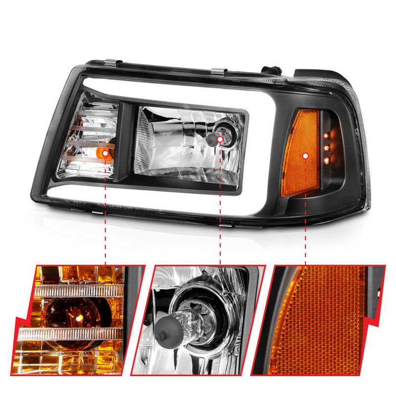 ANZO 2001-2011 Ford Ranger Crystal Headlights w/ Light Bar Black Housing - 111511
