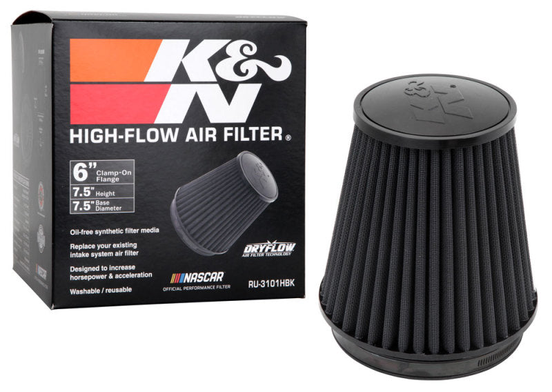 K&amp;N Universal Rubber Filter Round Tapered 6in Flange ID x 7.5in Base OD x 5.25in Top OD x 8in Height - RU-3101HBK