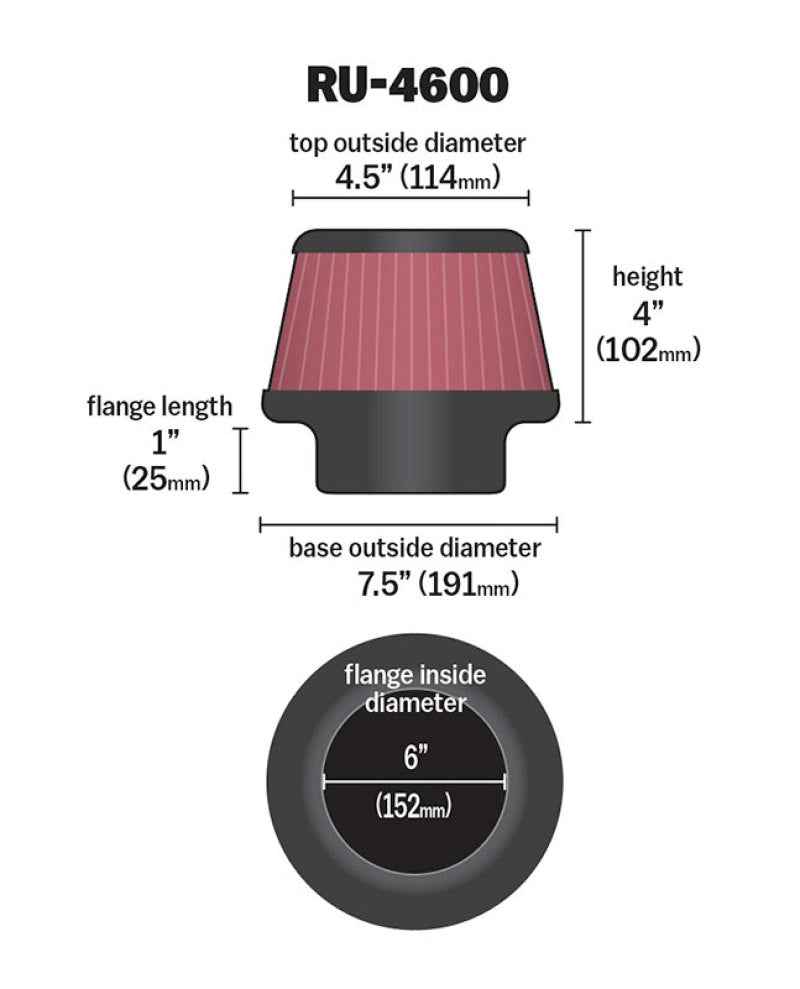 K&amp;N Filter 6 inch Flange 7.5 inch Base 4.5 Top 4 inch Height - RU-4600