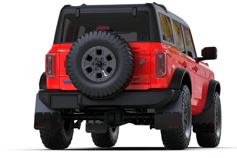 Rally Armor 21+ Ford Bronco (Steel Bmpr + RR - NO Rptr/Sprt) Blk Mud Flap w/Met. Blk Logo - MF85-RR-ST-MBK