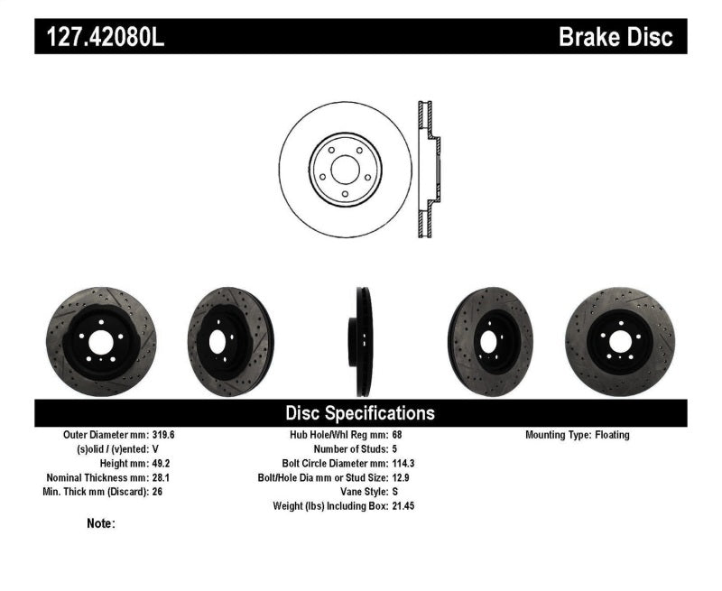 StopTech 06-07 350Z / 05-07 G35 exp Sport/ 06-07 G35X SportStop Slotted &amp; Drilled Front Left Rotor - 127.42080L