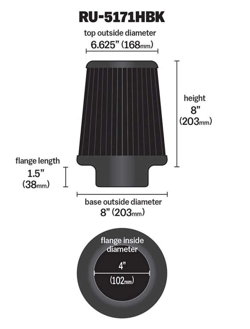 K&N Universal Rubber Filter-Round Tapered 4in Flange ID x 8in Base OD x 6.625in Top OD x 8in H - RU-5171HBK for 2003-2009 Dod