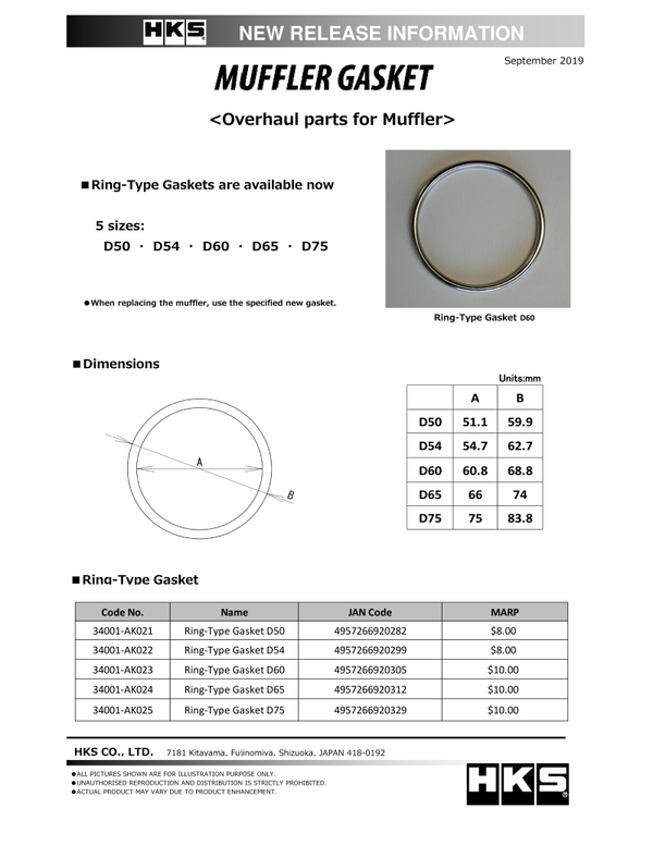 HKS Muffler Gasket 66mm ID 74mm OD - 34001-AK024 by HKS