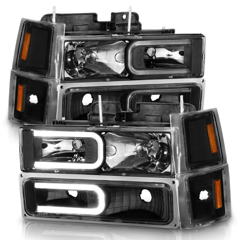 ANZO 88-98 Chevrolet C1500 Crystal Headlights w/ Light Bar Black Housing w/ Signal Side Markers 8Pcs - 111528