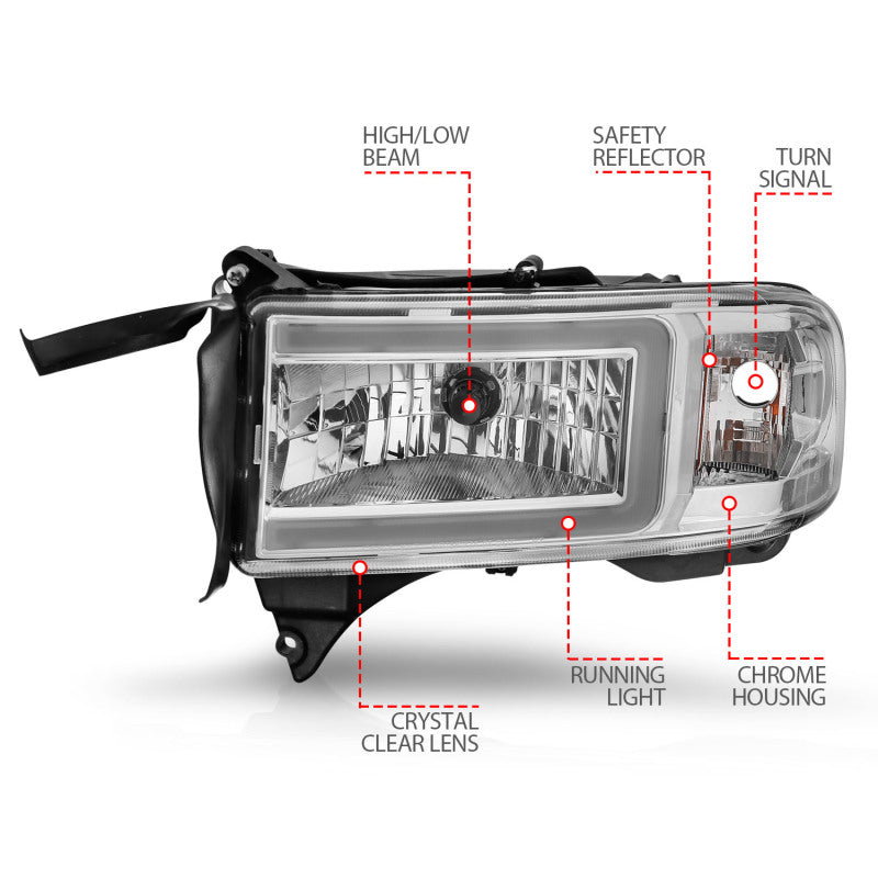 ANZO 94-02 Dodge RAM Crystal Headlight - w/ Light Bar Chrome Housing - 111555