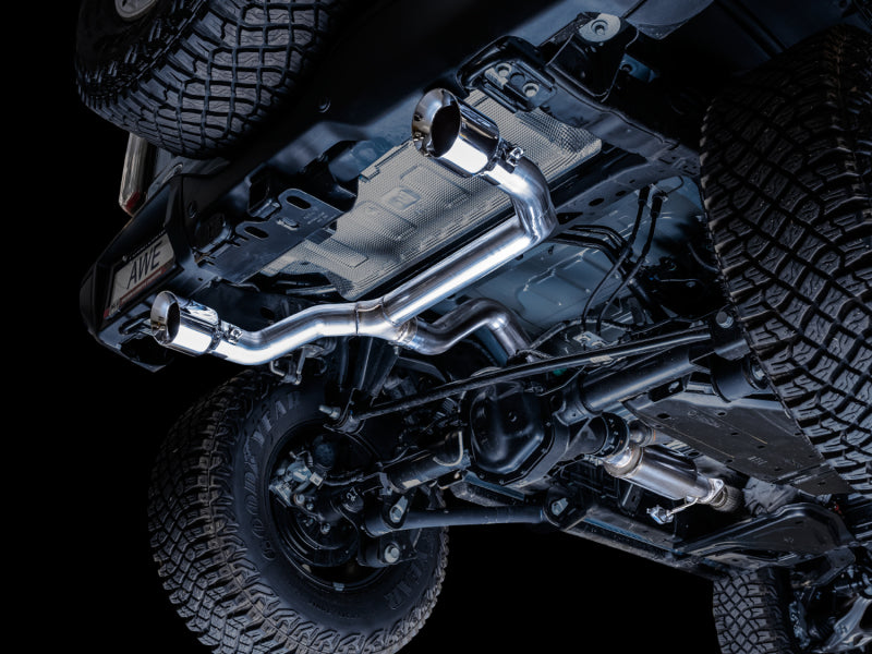 AWE Tuning 2021+ Ford Bronco 0FG Dual Rear Exit Exhaust w/Chrome Silver Tips &amp; Bash Guard - 3015-32456