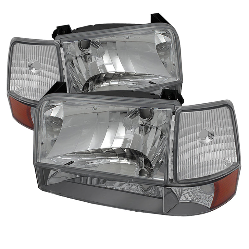 Xtune Ford F150/Bronco 92-96 Headlights w/Corner Bumper 6pcs Amber- Chrome HD-JH-FB92-SET-AM-C - 5073150