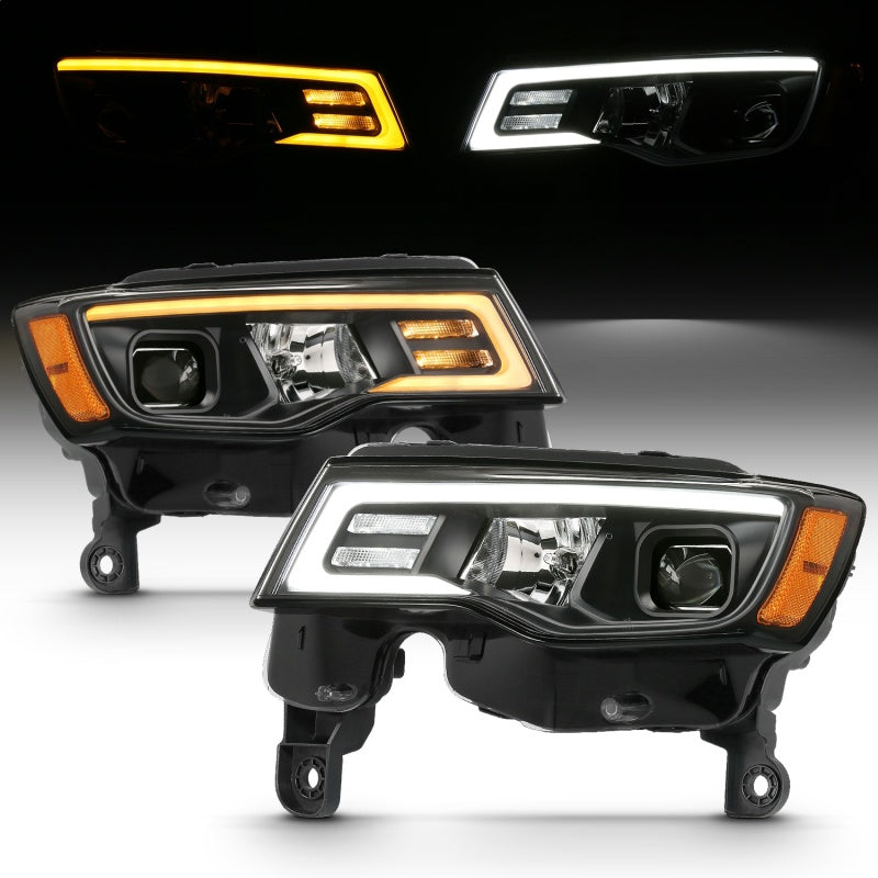 ANZO 2017-2018 Jeep Grand Cherokee Projector Headlights w/ Plank Style Switchback - Black w/ Amber - 111418