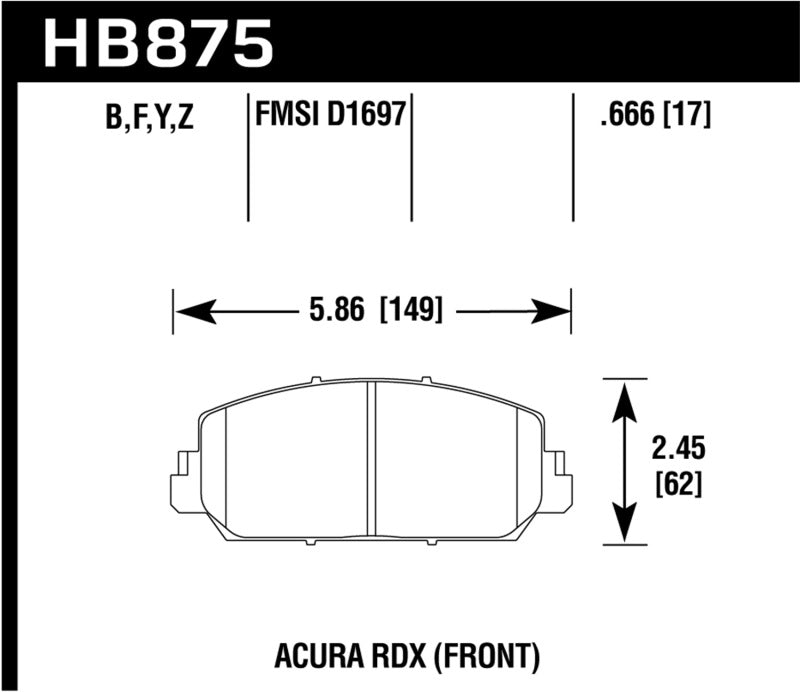 Hawk 14-17 Acura RDX/RLX Performance Ceramic Street Front Brake Pads - HB875Z.666 for 2014-2019 Acura RLX - angle view