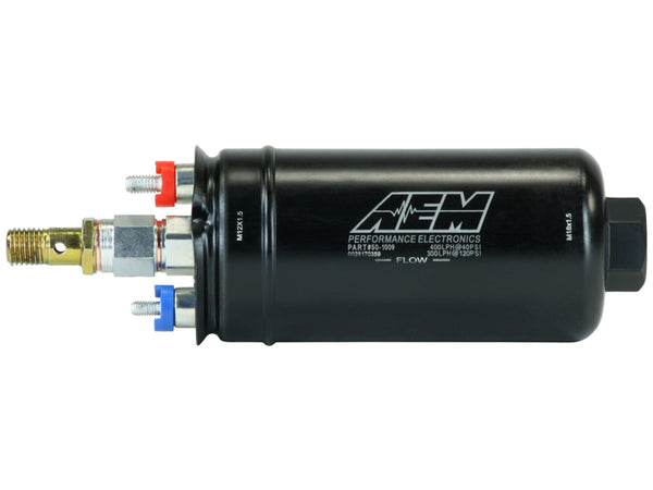 AEM 400LPH High Pressure Inline Fuel Pump - M18x1.5 Female Inlet to M12x1.5 Male Outlet - 50-1009 by AEM - front view