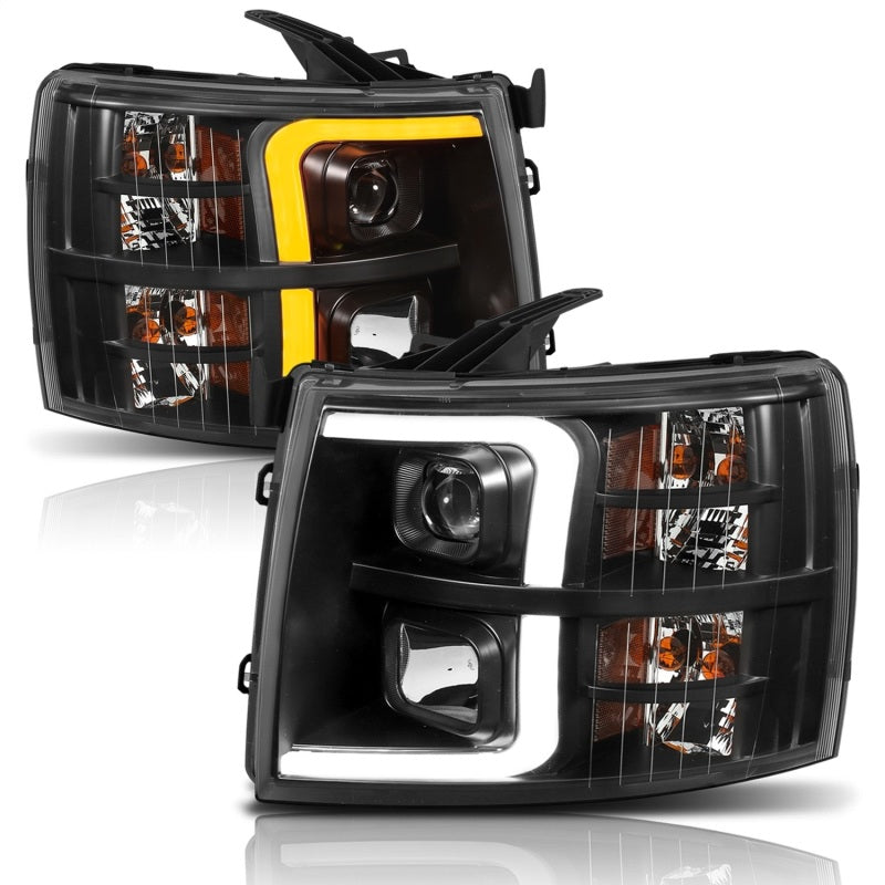 ANZO 07-13 Chevrolet Silverado 1500 Plank Style Projector Headlights Black w/ Amber - 111410