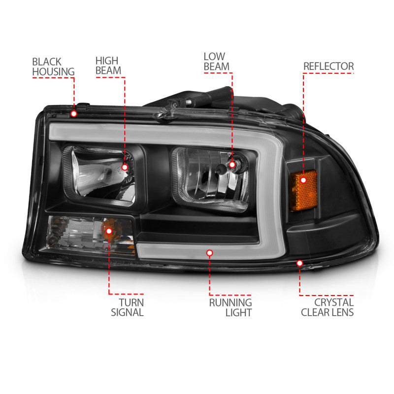 ANZO 97-04 Dodge Dakota/Durango Crystal headlight Set w/ Light Bar Black Housing - 111591