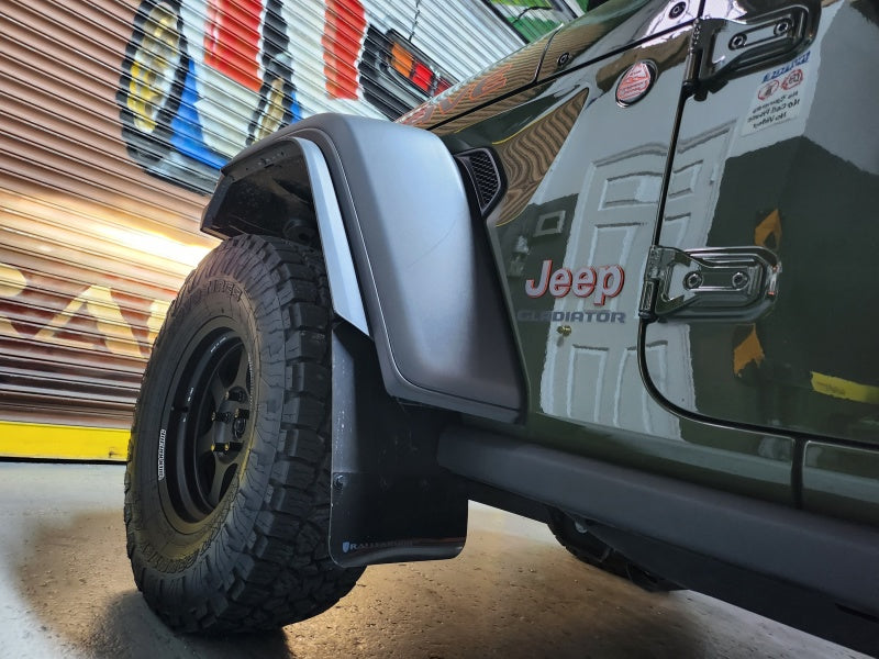 Rally Armor 19-23 Jeep JT Gladiator Mojave/Rubicon Black Mud Flap w/ Metallic Black Logo - MF104-BLK-MBK