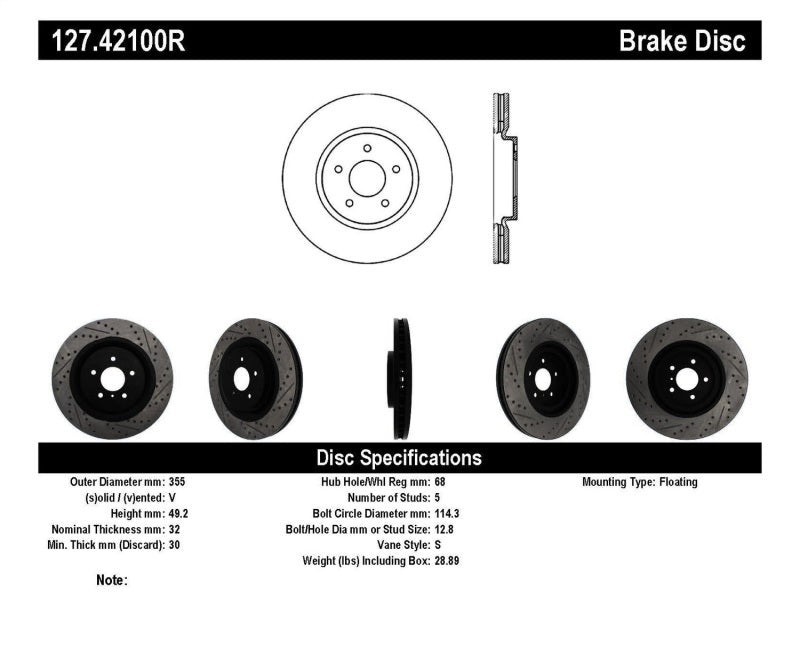 StopTech Infiniti G37 / Nissan 370Z SportStop Slotted &amp; Drilled Front Right Rotor - 127.42100R