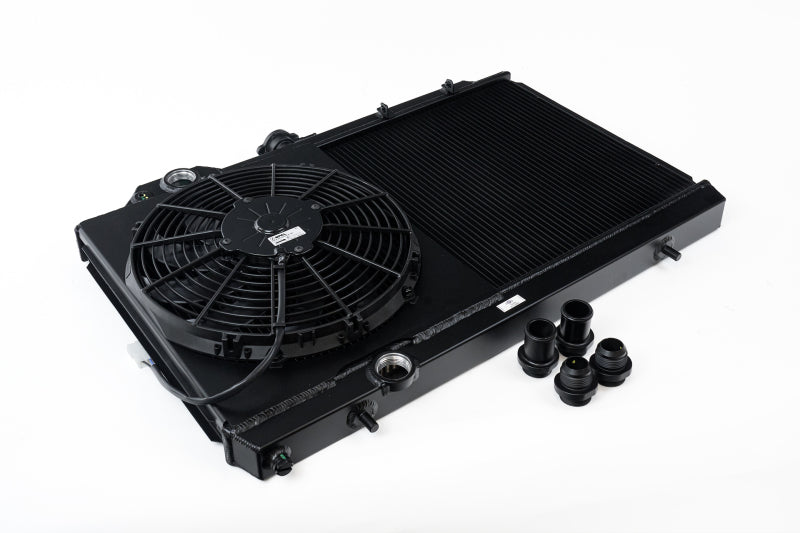 CSF 96-07 Mitsubishi Evo 4/5/6/7/8/9 Full-Slim Radiator w/12in Fan &amp; Shroud/-16AN - Black - 7075B